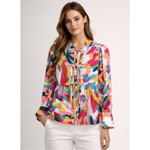 CROSBY By Mollie Burch Renny Abstract Bows Puff Sleeve Peplum Blouse \\ S